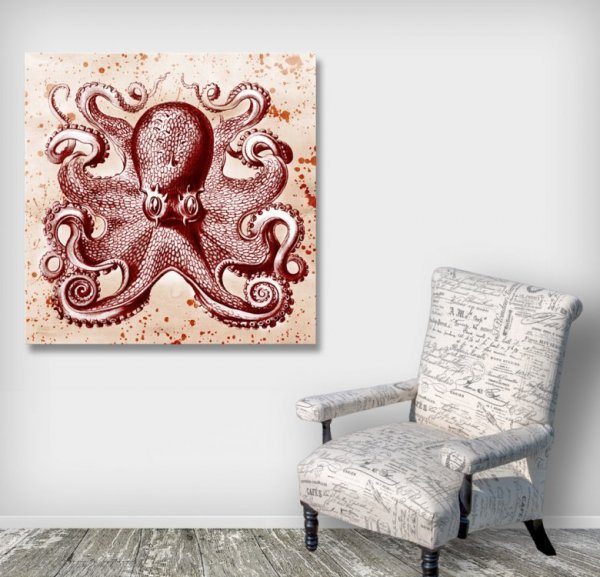 Red Ephemera Octopus Mixed Media Art Canvasa Octopus Mixed Media Art Canvas