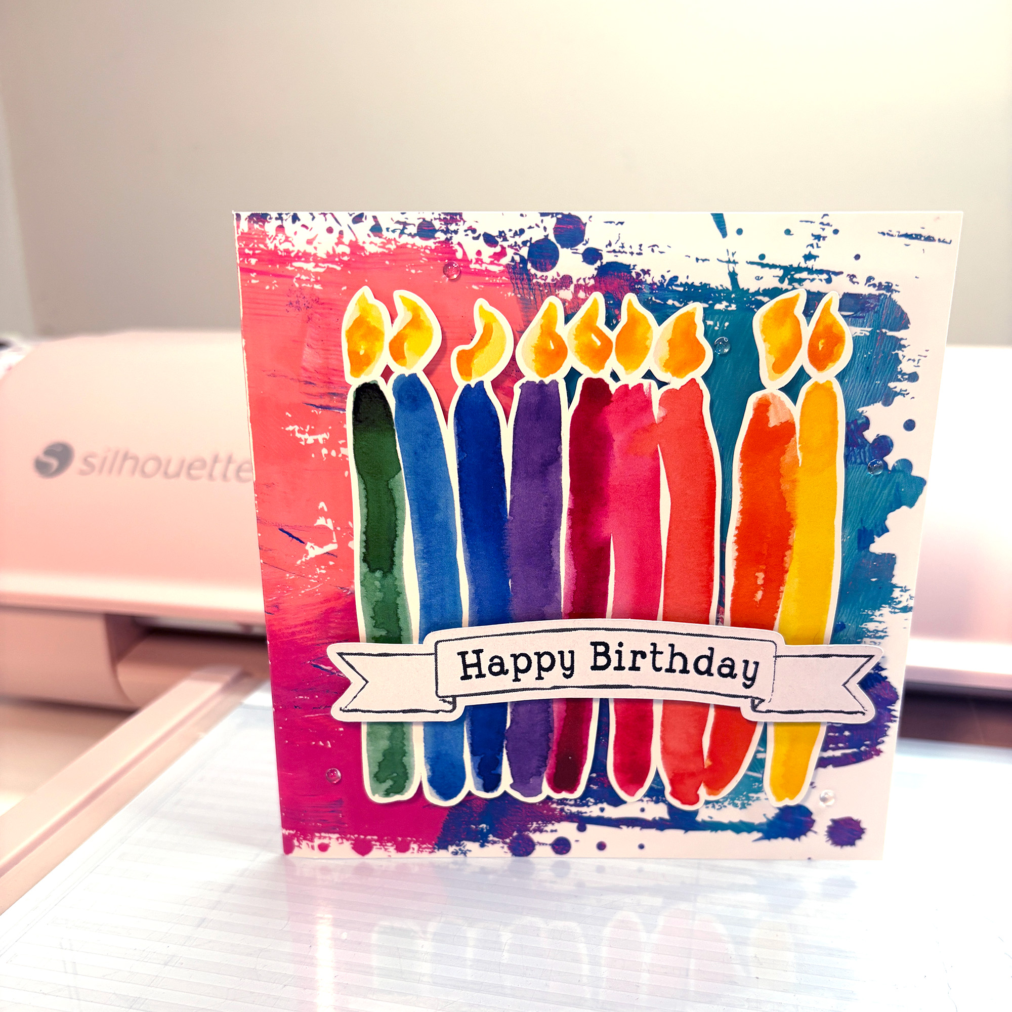 Long Abstract Rainbow Painted Candles SVG Print and Cut featured on Handmade Card using designs by Clikchic Designs