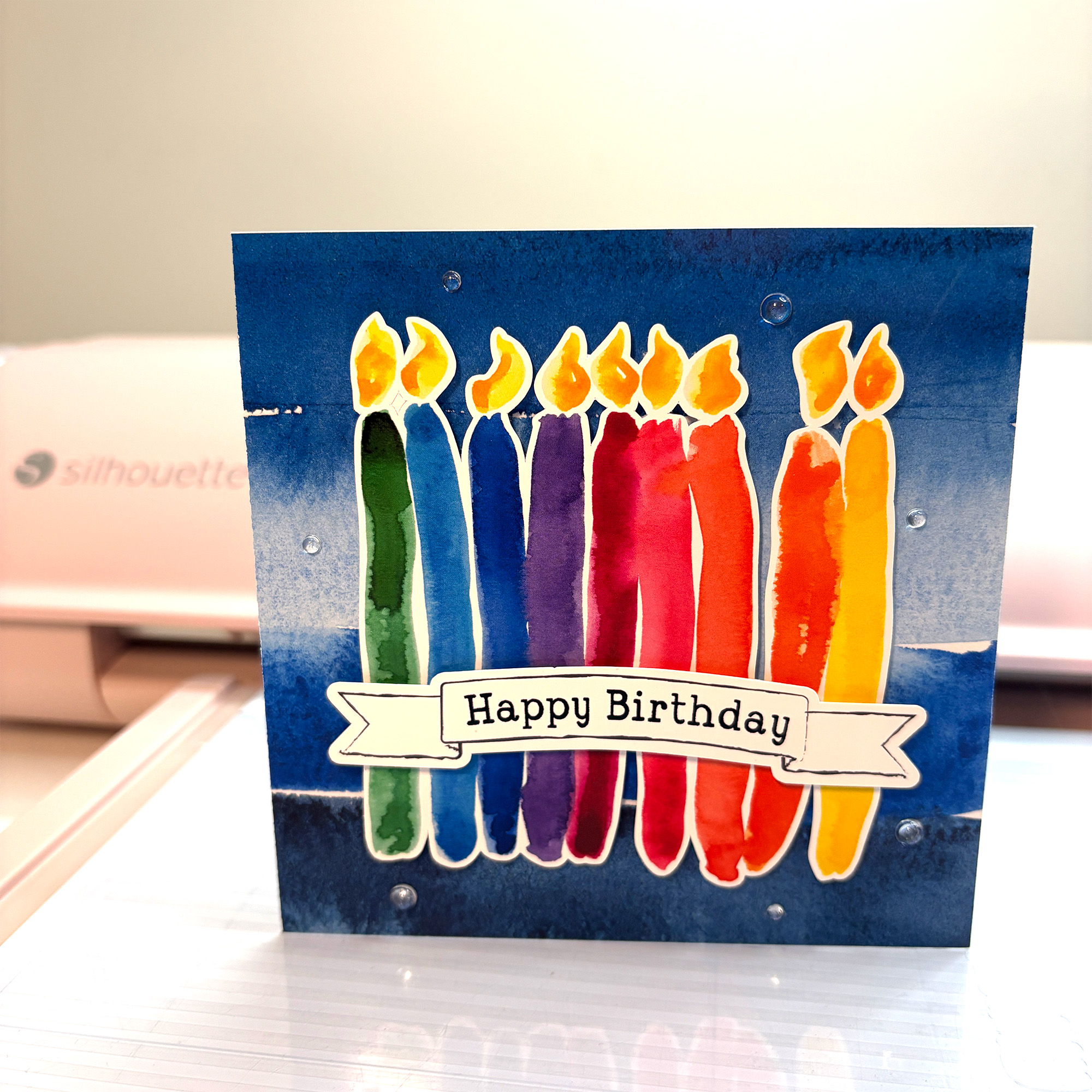 Long Abstract Rainbow Painted Candles SVG Print and Cut featured on Handmade Card using designs by Clikchic Designs