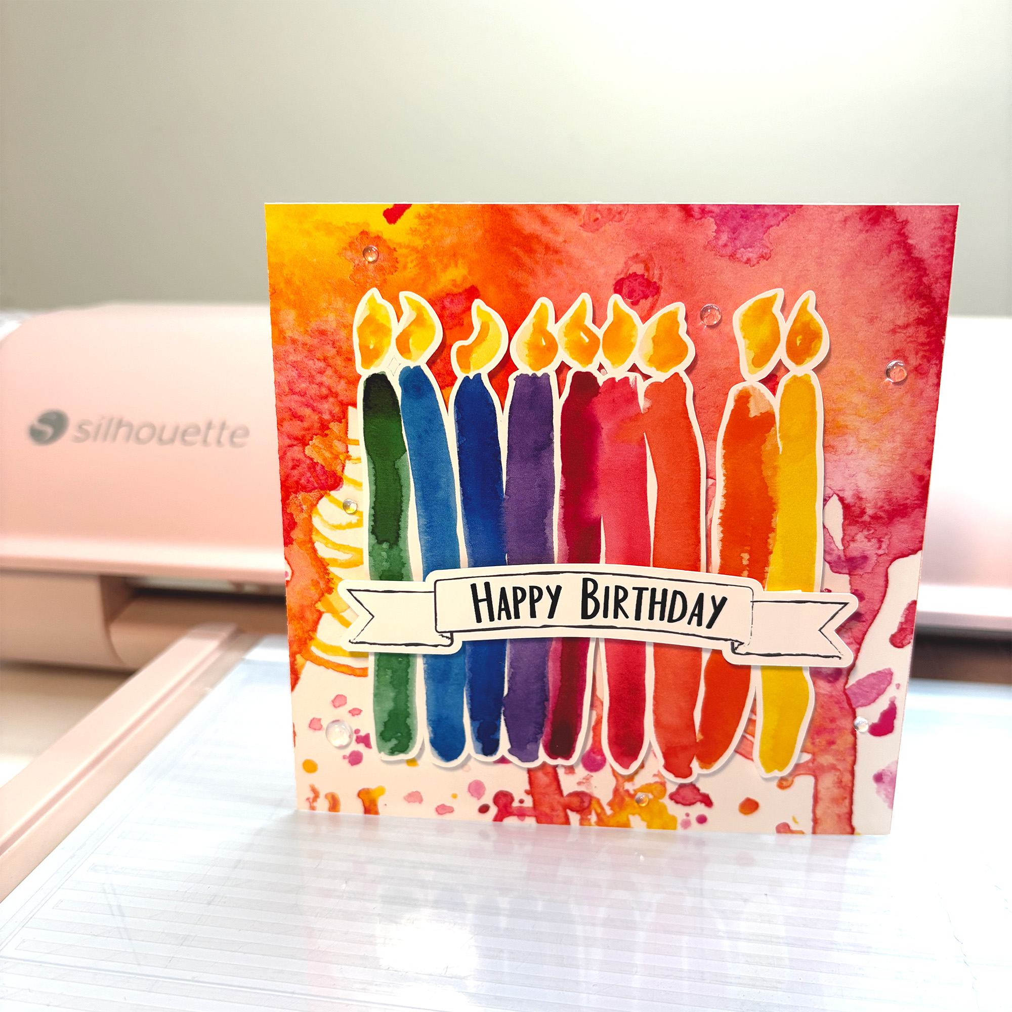 Long Abstract Rainbow Painted Candles SVG Print and Cut featured on Handmade Card using designs by Clikchic Designs