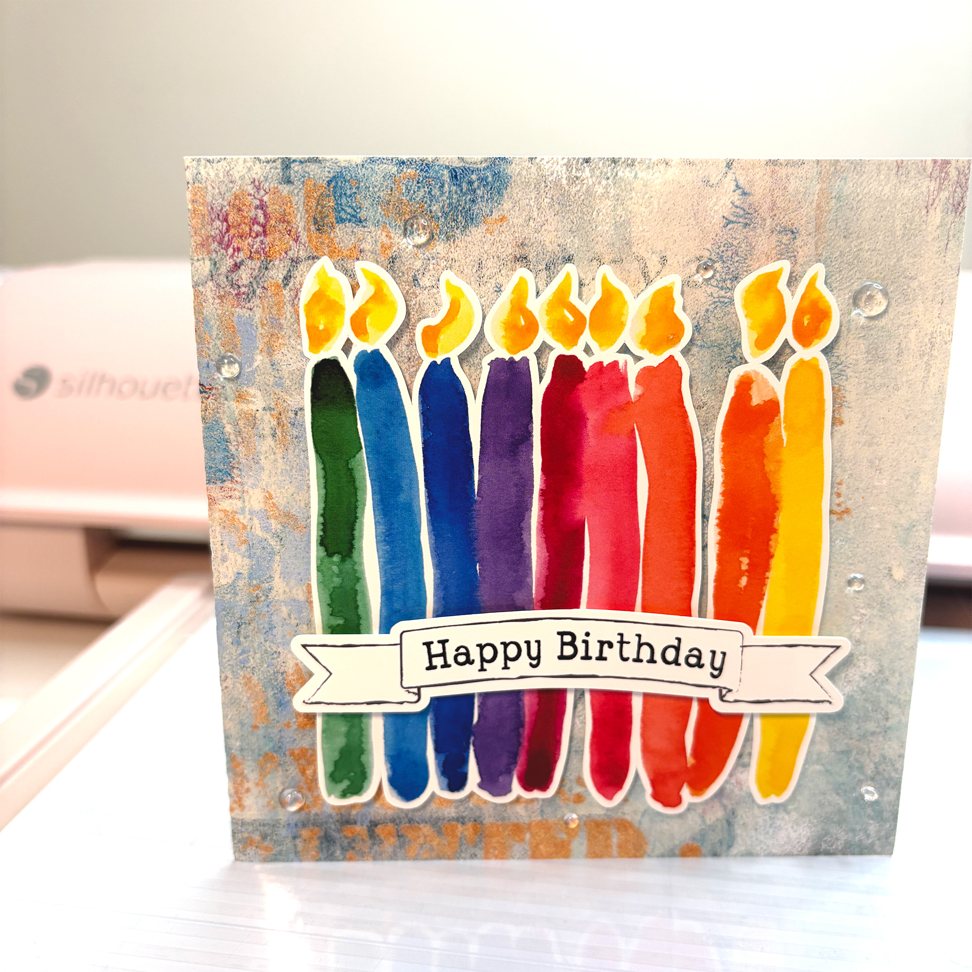 Long Abstract Rainbow Painted Candles SVG Print and Cut featured on Handmade Card using designs by Clikchic Designs
