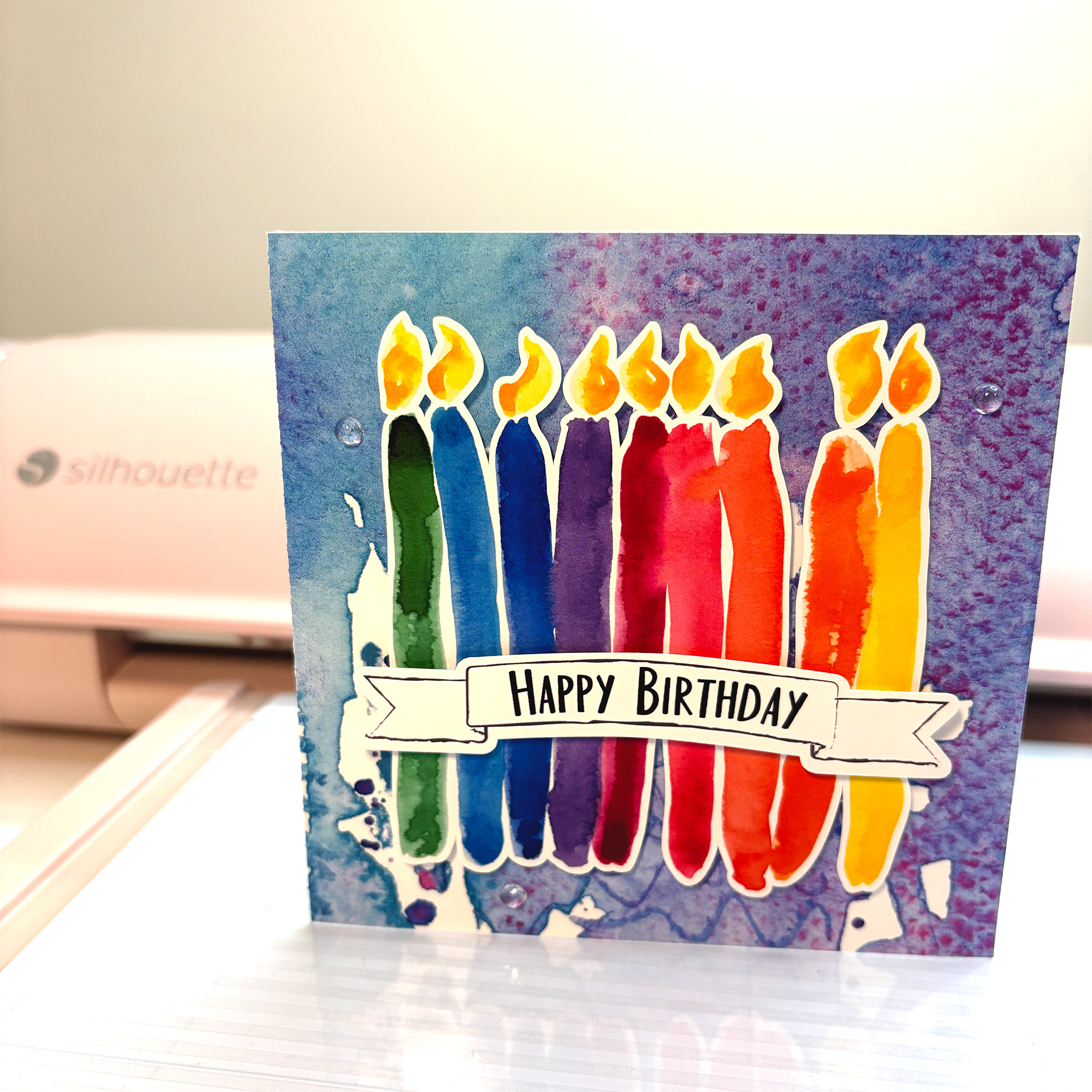 Long Abstract Rainbow Painted Candles SVG Print and Cut featured on Handmade Card using designs by Clikchic Designs