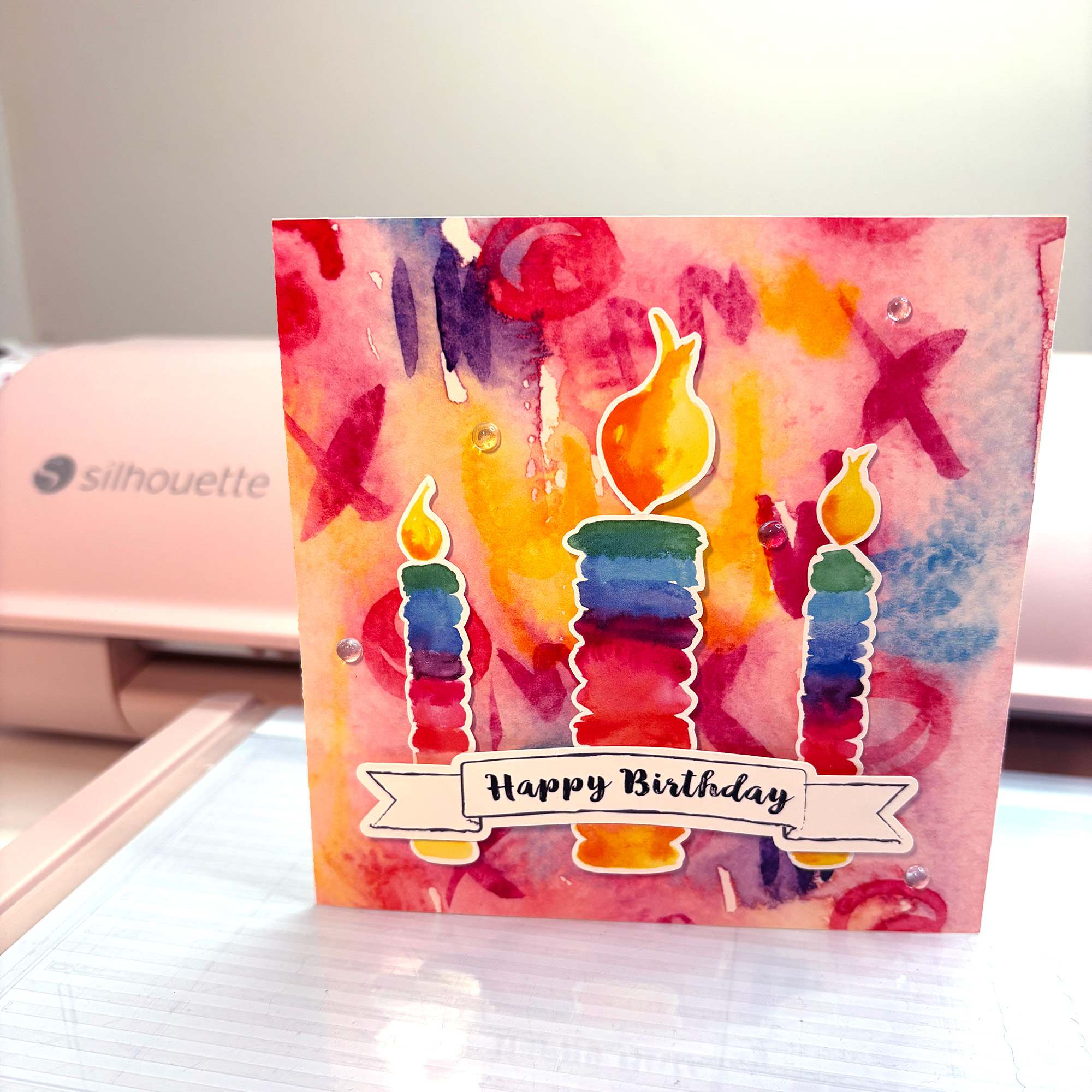 Rainbow Waterercolor Birthday Candles Trio Print and Cut SVG on a hand made card by Clikchic Designs