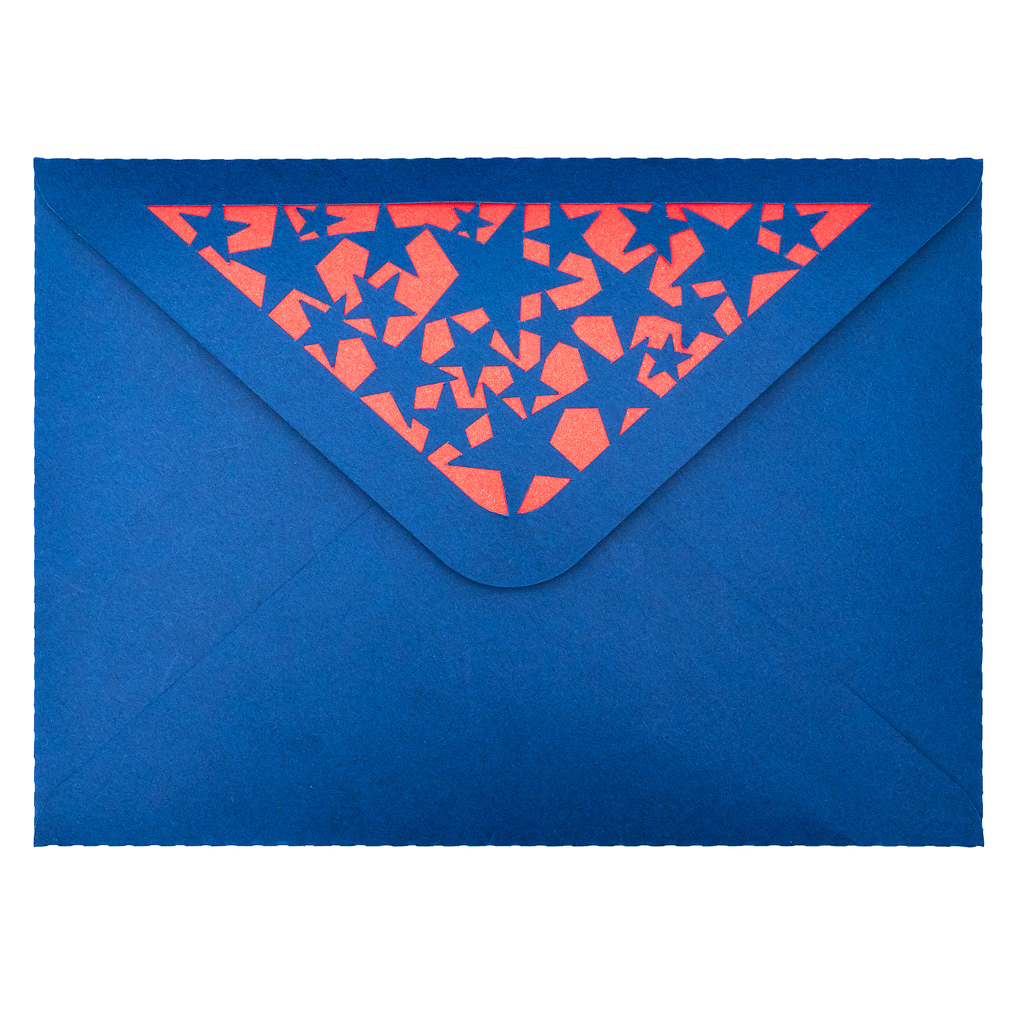 5x7 envelope made from blue cardstock with a star pattern cut into the flap, backed by a contrasting red liner by Clikchic Designs