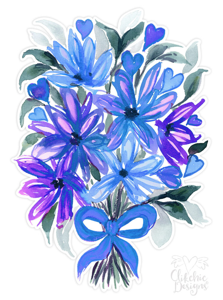 Blue and Purple Hearts and Flowers Watercolor Bouquet Print and Cut design by Clikchic Designs
