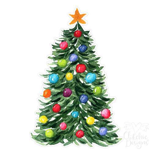 Watercolor Christmas Tree With Red Tinsel Print and Cut by Clikchic Designs