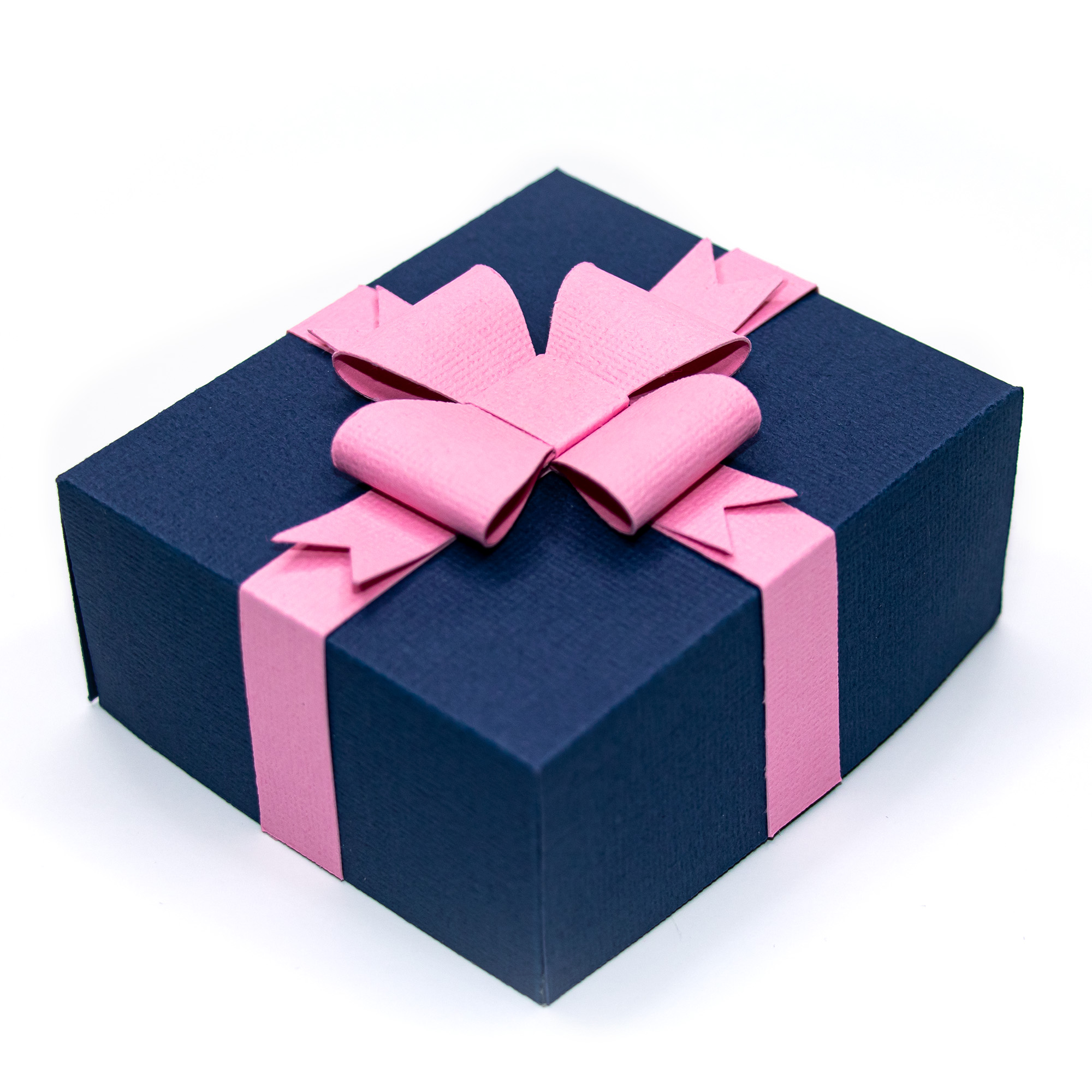 Navy textured cardstock 3D necklace gift box with a Pink paper ribbon and layered bow, shown closed and with the lid lifted to reveal a beaded crystal necklace displayed on a matching insert,a jewelry packaging cut file for Silhouette Studio
