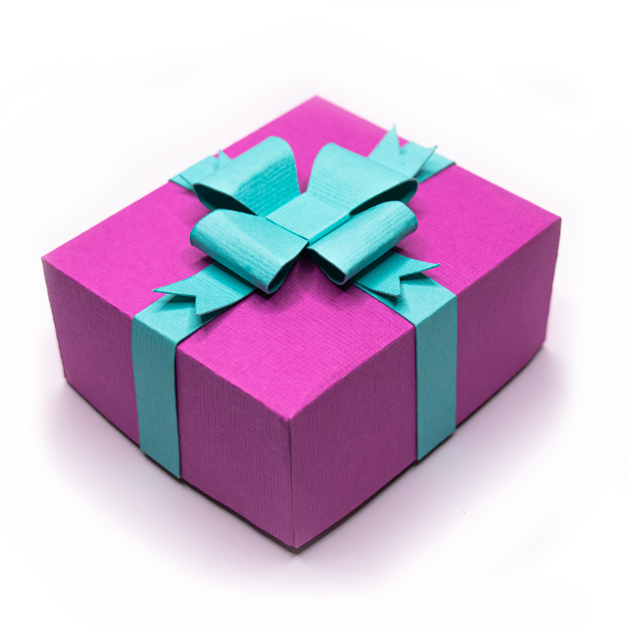 Magenta textured cardstock 3D necklace gift box with a Turquoise paper ribbon and layered bow, shown closed and with the lid lifted to reveal a beaded crystal necklace displayed on a matching insert,a jewelry packaging cut file for Silhouette Studio