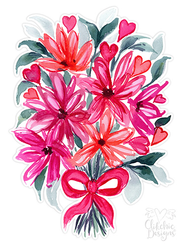 Red and Pink Hearts and Flowers Watercolor Bouquet Print and Cut by Clikchic Designs