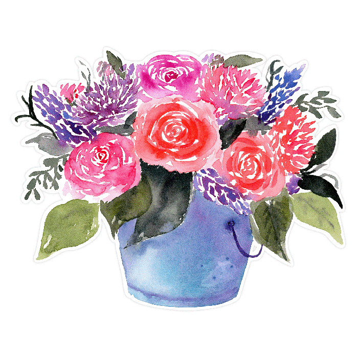 Watercolor Roses, Dahlias and Lavender Flowers in a Bucket SVG Print and Cut