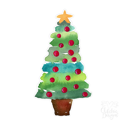 Loose Watercolor Block Brushed Christmas Tree with Baubles Print and Cut by Clikchic Designs