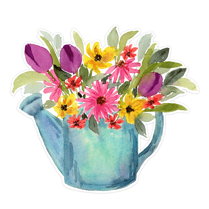 Watercolor Spring Flowers in a Watering Can Arrangement Print and Cut SVG Cutting File
