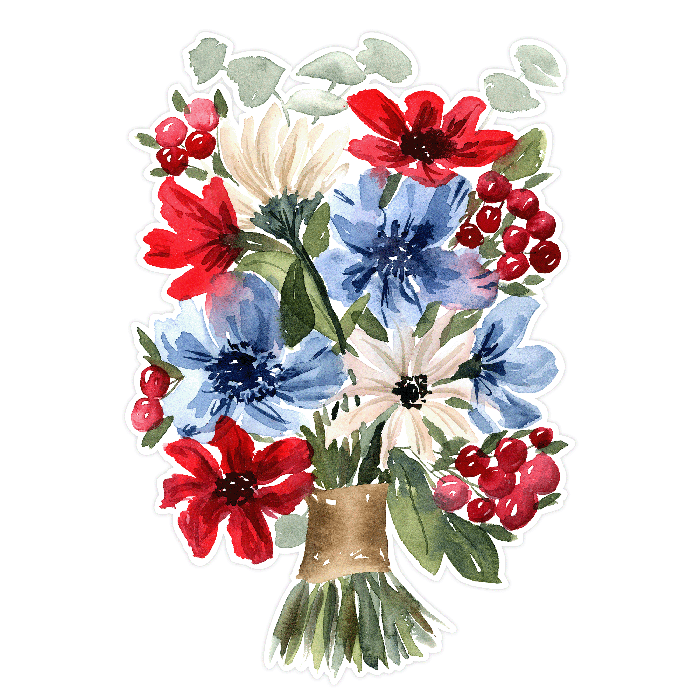 Winter Red White and Blue Daisies and Berries Floral Bouquet Print and Cut SVG Cutting File
