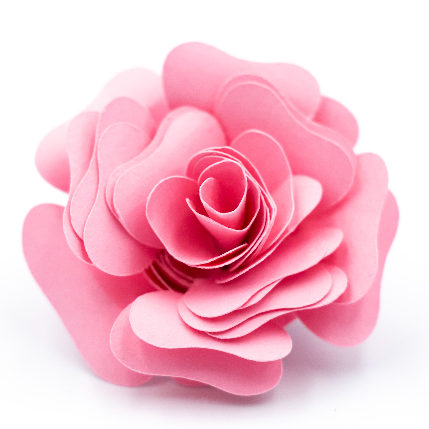 rolled paper flower with almost heart-shaped petals in soft pink by Clikchic Designs