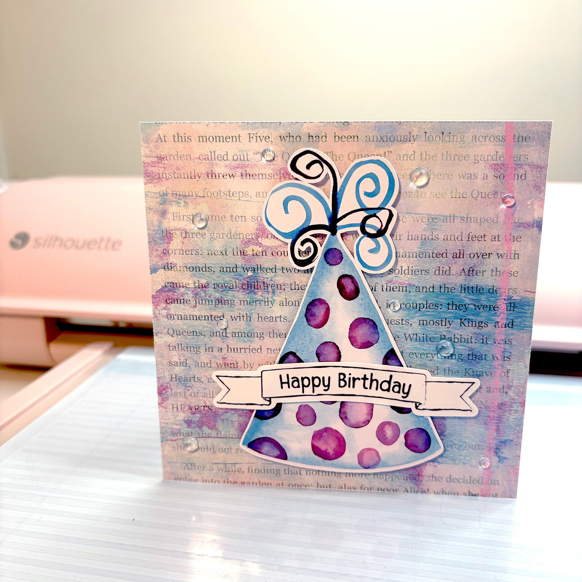 Blue and Purple Polka Dot Party Hat Birthday Card by Clikchic Designs