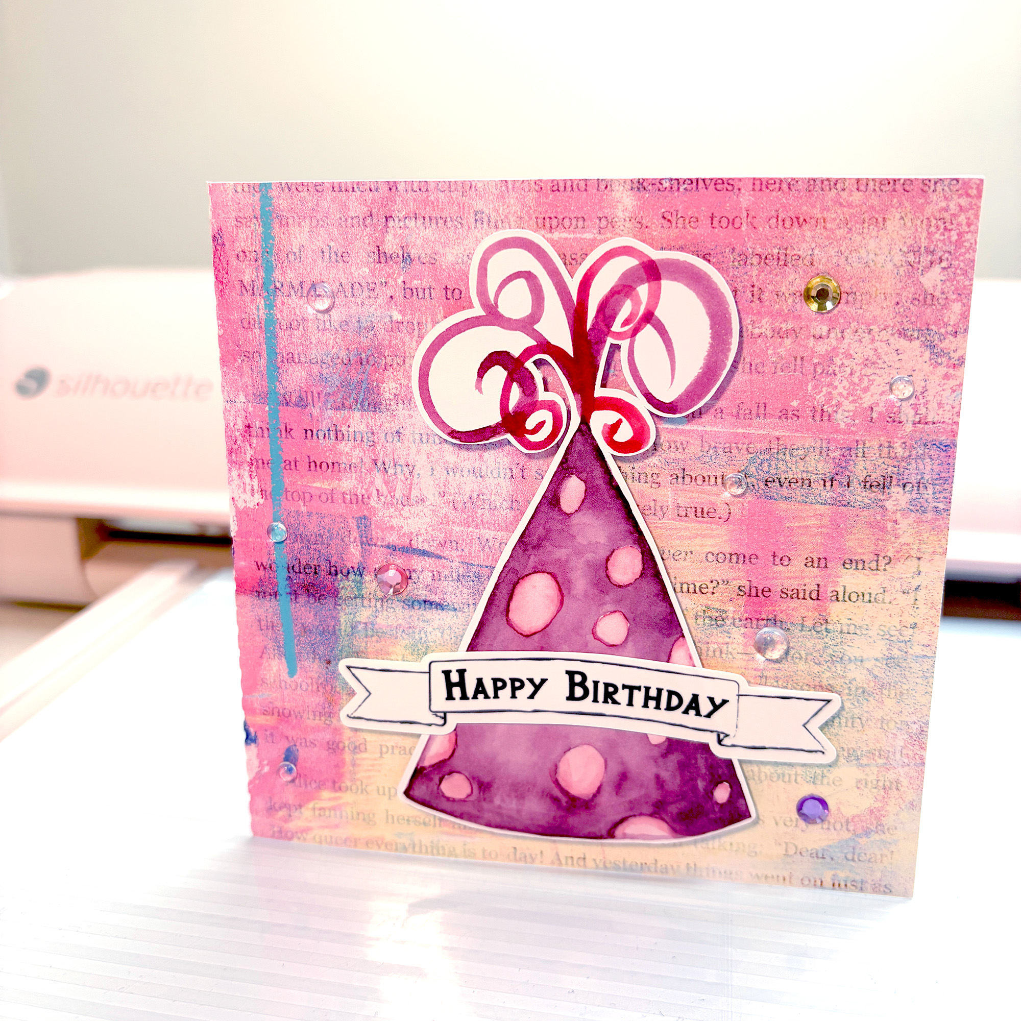 Purple and Pink Polka Dot Party Hat Birthday Card by Clikchic Designs