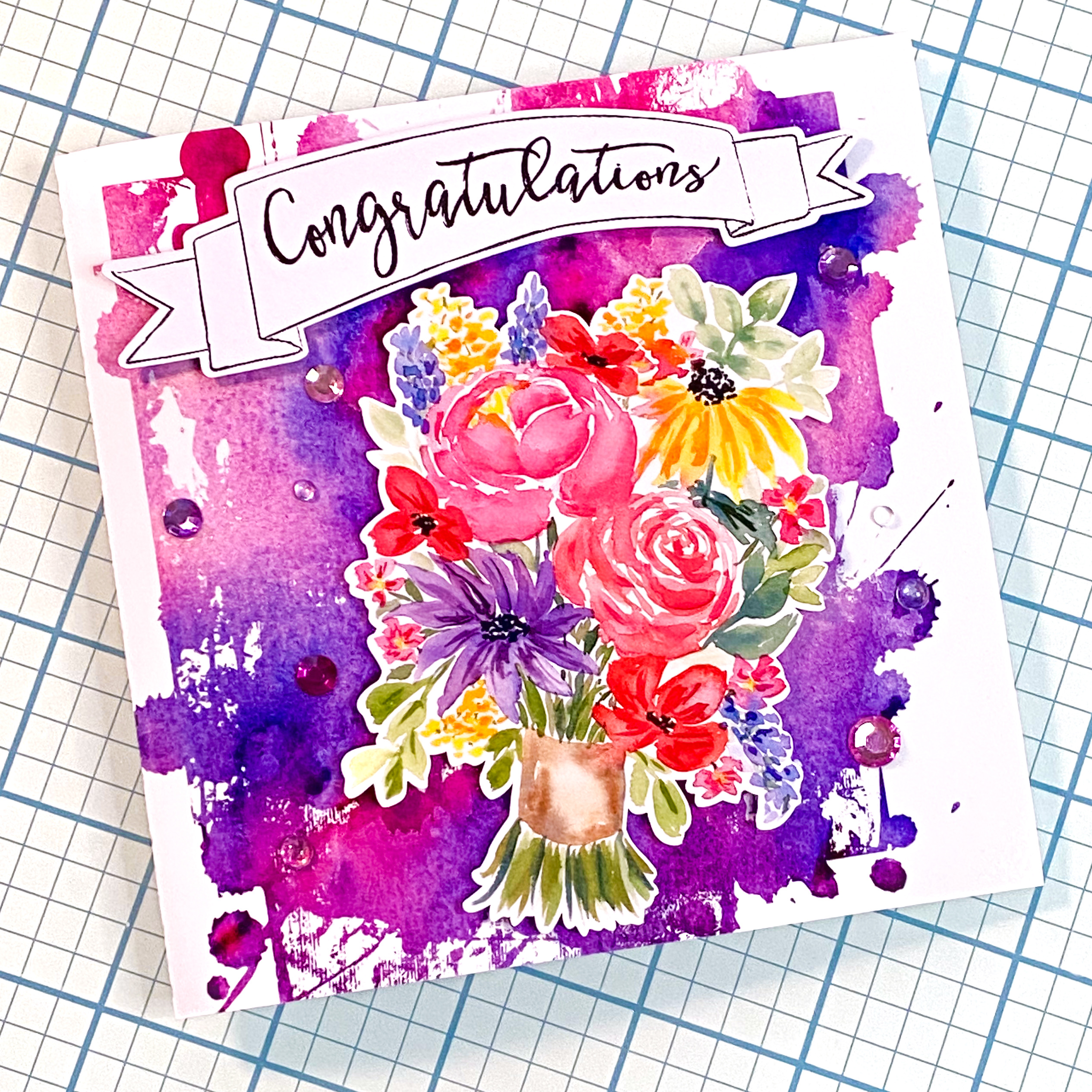 Congratulations Cards Created with Congratulations Doodled Banner, SVG Clipping Masks and Printable Backgrounds on Card Base and Print and Cut Floral Bouquets by Clikchic Designs