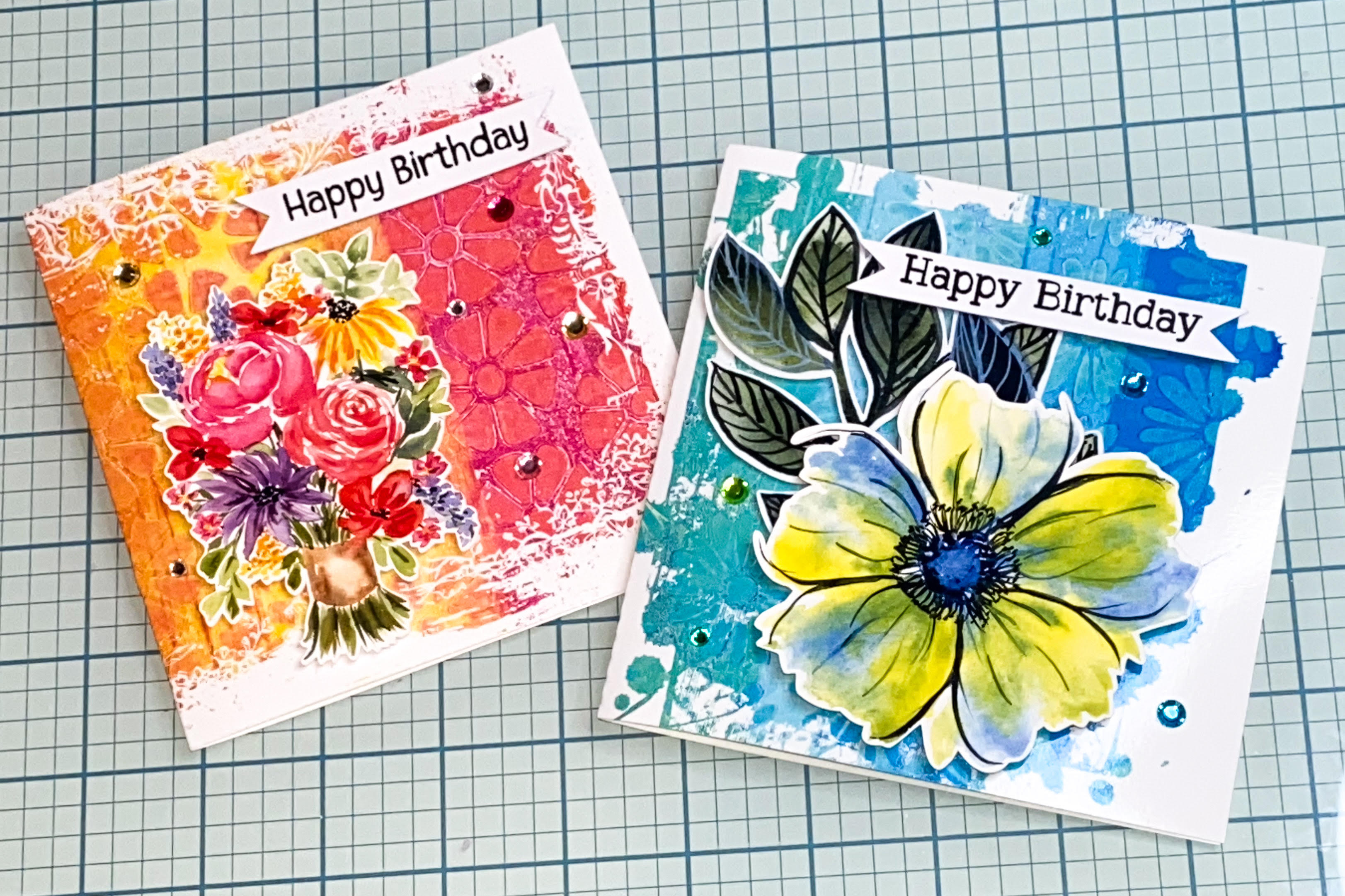 Cards made with Grunge Daisy & Grunge Doodle Flowers Backgrounds, SVG Clipping Masks & Print and Cut flowers
