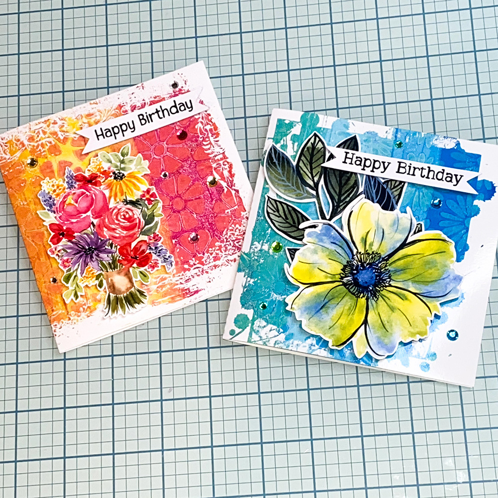 Cards Featuring Grunge Daisy and Grunge Doodle Flower Backgrounds and Print and Cut Watercolor Flowers and Leaves by Clikchic Designs