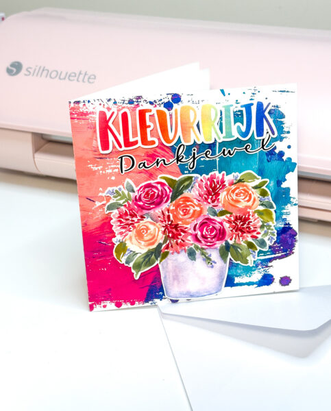 Kleurijk Dankjewel - Colourful Thank You Card on colourful background with watercolor flowers in pot by clikchic designs.