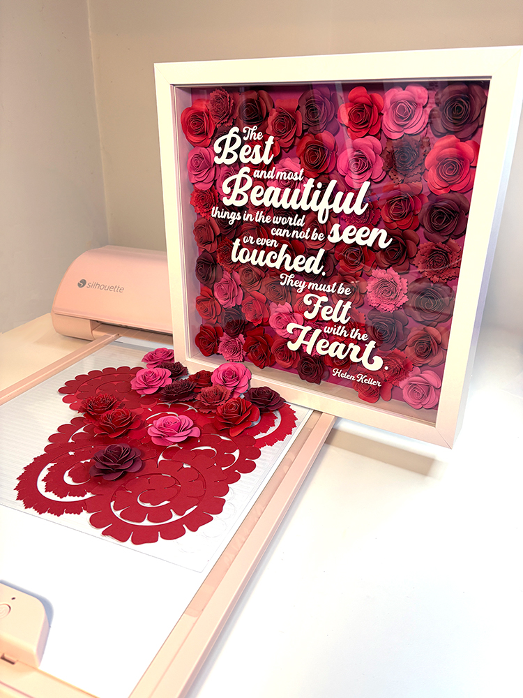 Rolled Paper Flowers Shadow Box Frame featuring Pink and Red flowers with Helen Keller Quote