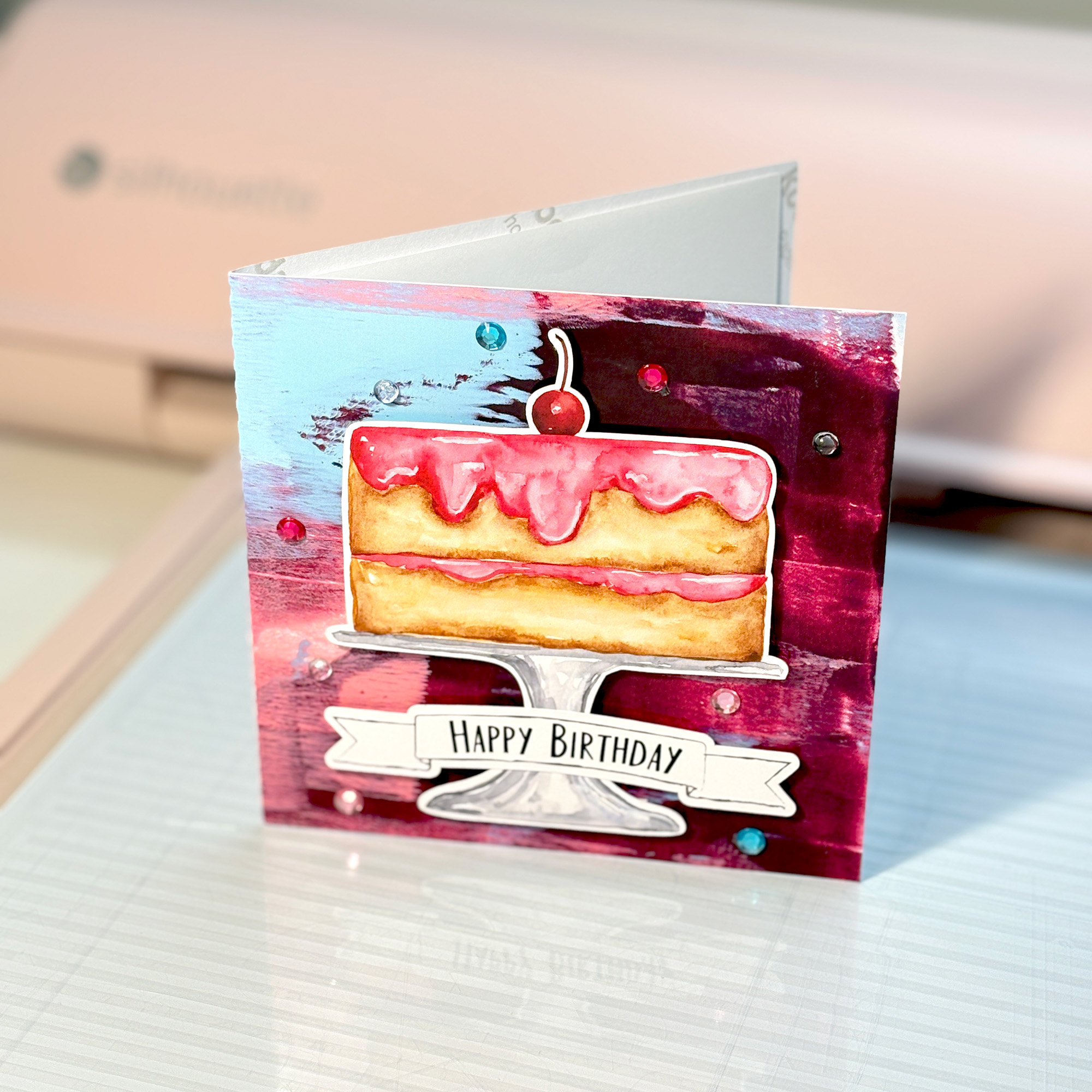 Pink Strawberry Icing Cherry Cake Birthday Card featuring Doodled Sentiment Happy Birthday Frame and Printable Background by Clikchic Designs