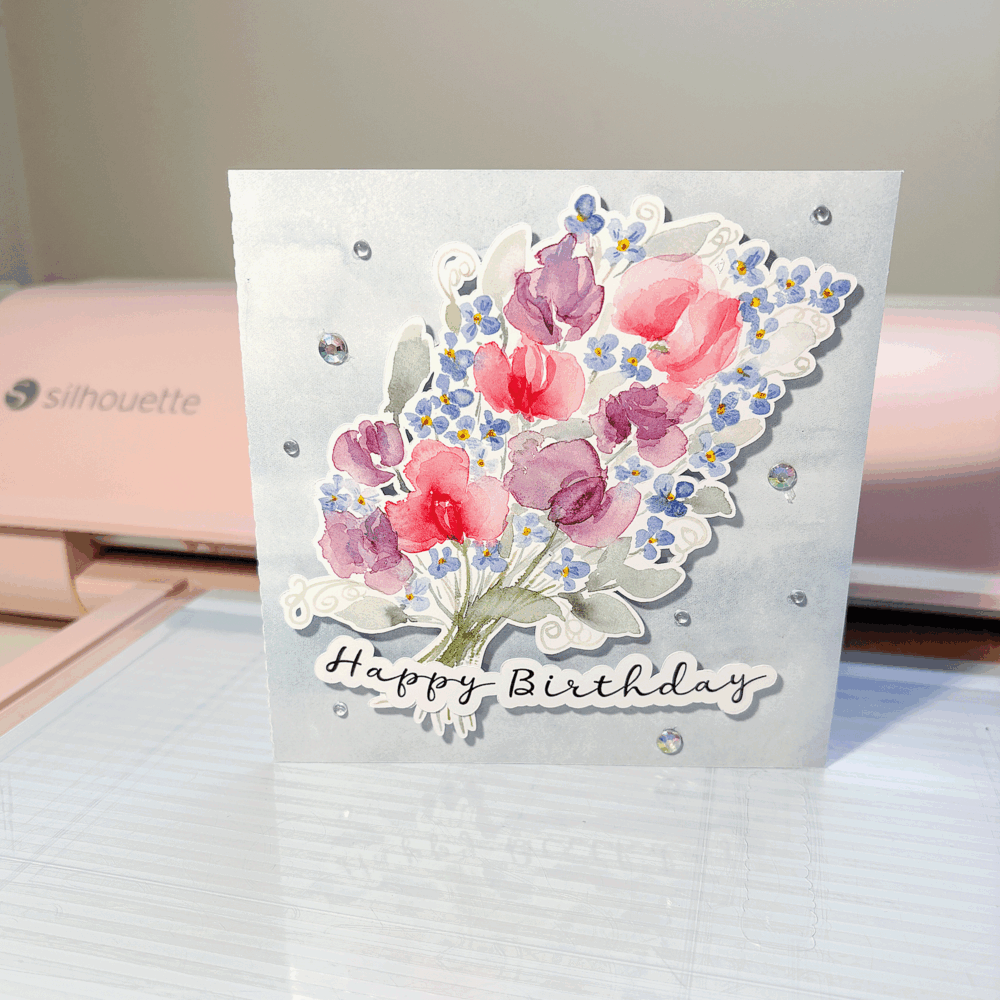 Happy Birthday Card card with the Sweet Peas and Forget Me Not Floral Bouquet print and cut design by Clikchic Designs.